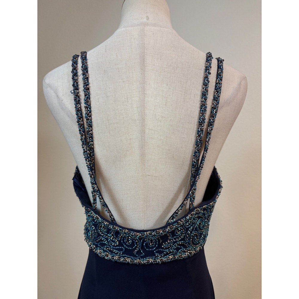 Vtg Fleur De Lis Silk Maxi Dress 12 Navy Blue Beaded Formal Gown Whimsy Ethereal - Picture 7 of 10